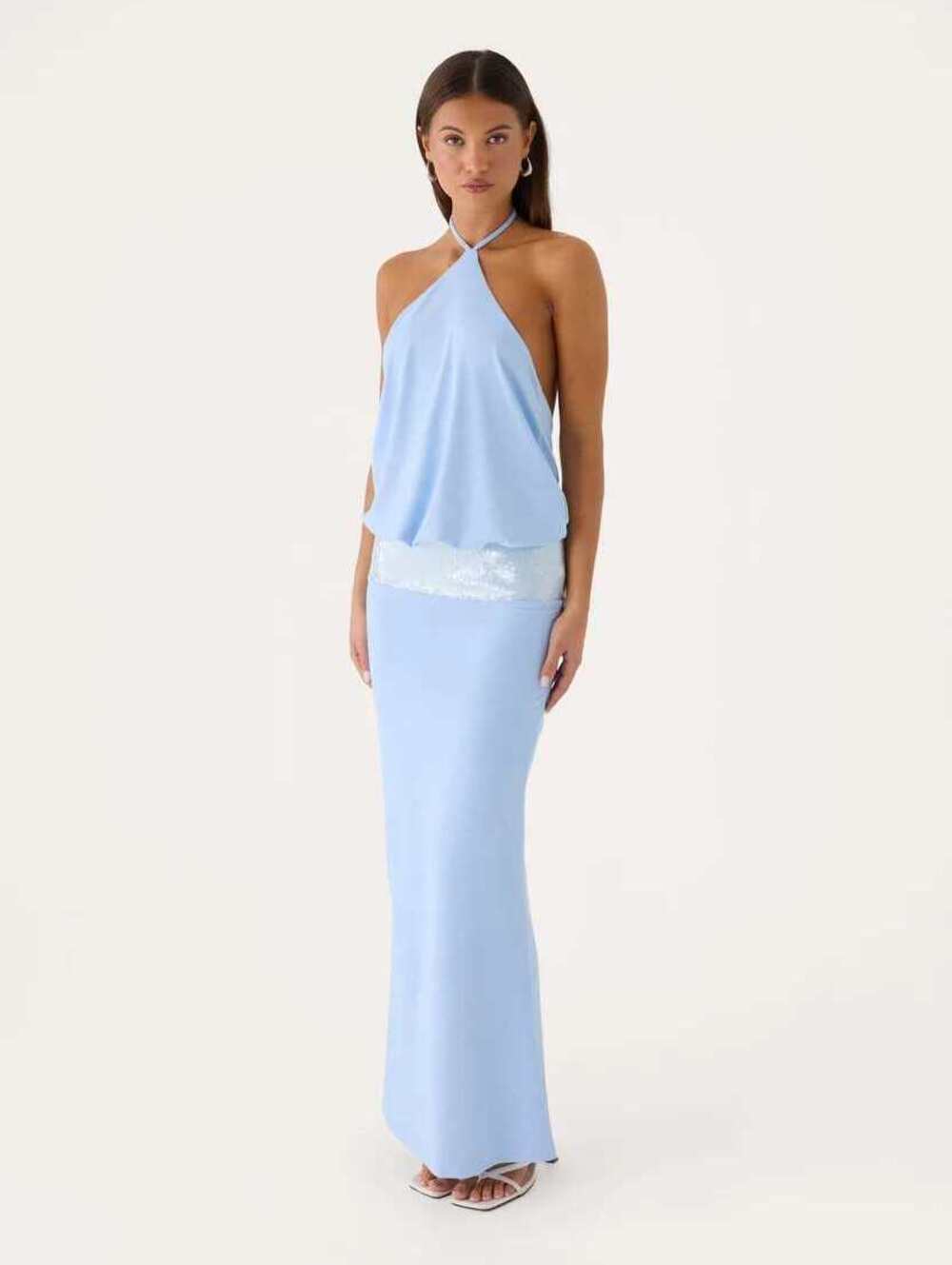 Peppermayo Marcie Halter Maxi Dress Powder Blue Sequin Open Back Size 4 NWT
